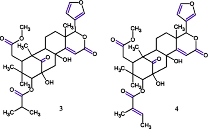 Chemical structures for compounds. (3): carapanolide T; (4): carapanolide U. Source: adapted from Miyake et al. 2015.