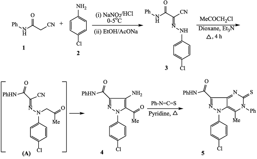 Synthesis of 5-acetyl-4-aminopyrazole and pyrazolo[4,3-d]pyrimidine derivatives 4 and 5.