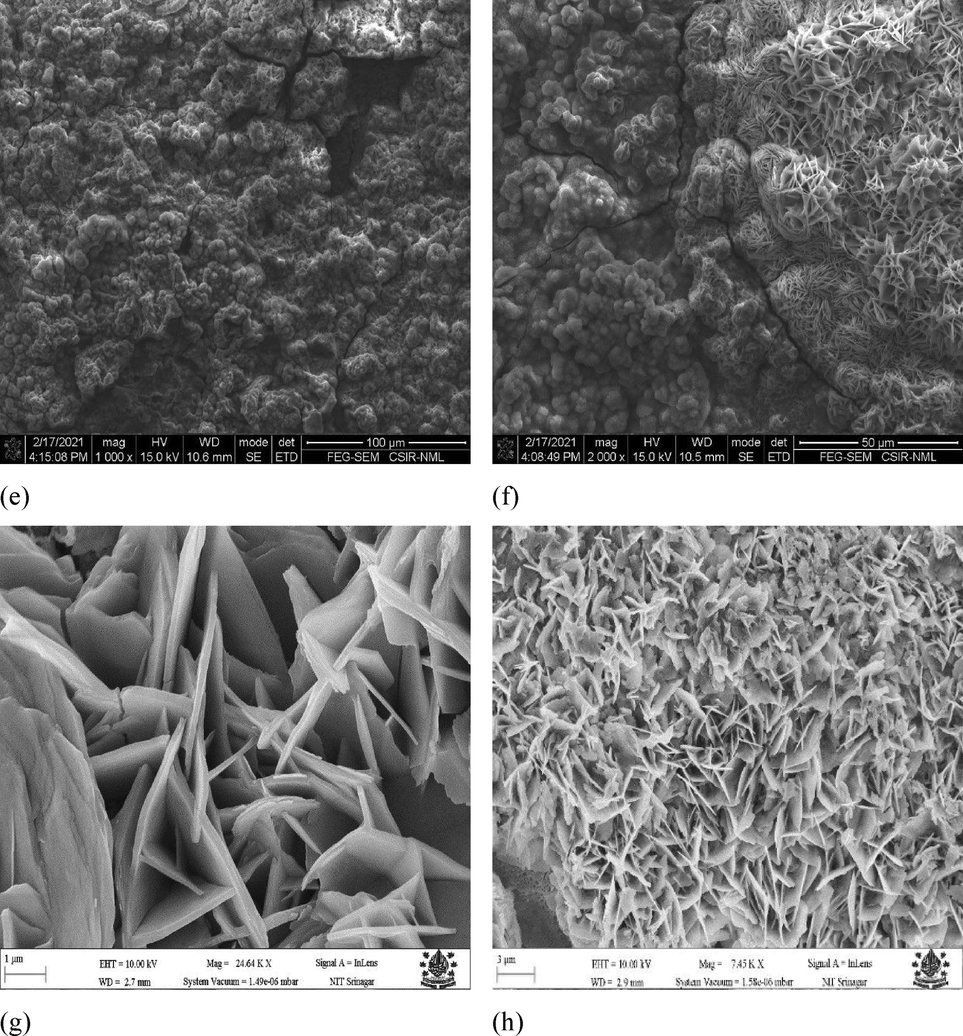 Shows the FESEM/FEG-SEM images of specimens before and after the 0.5 M HCl immersion test. Fig. 8 (a,b) shows uncoated mild steel surface before and after the 0.5 M HCl immersion cycle test.(c,d) shows Zn-Ni-Cu coated mild steel surface before and after 0.5 M HCl immersion cycle test. (e,f) shows Zn-Ni-Cu-TiB2 coated mild steel surface before and after 0.5 M HCl immersion cycle test.(g,h) shows uncoated mild surface at higher magnification after 0.5 M immersion cycle test.