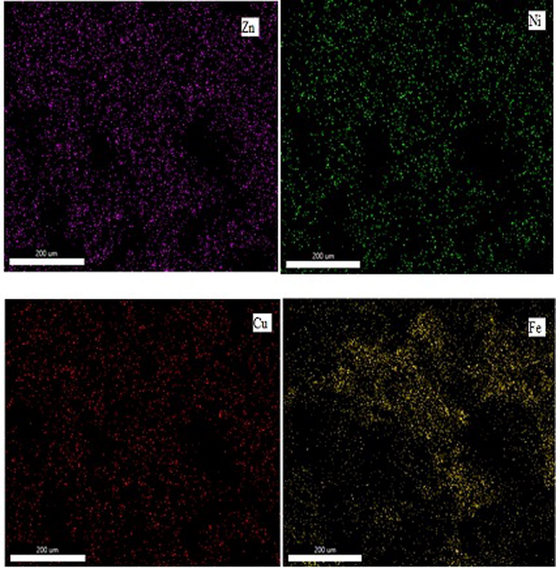 Shows the X-ray elemental distribution of constituent elements of (Zn-Ni-Cu on mild steel).