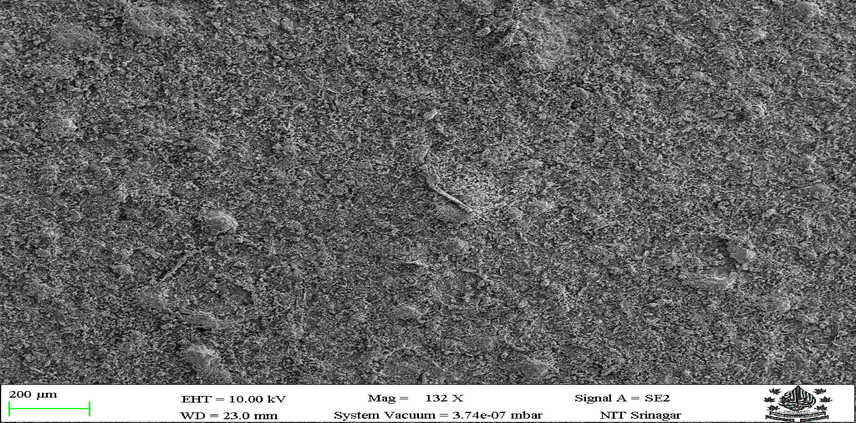Shows an SEM image of coated (Zn-Ni-Cu-TiB2 on mild steel).