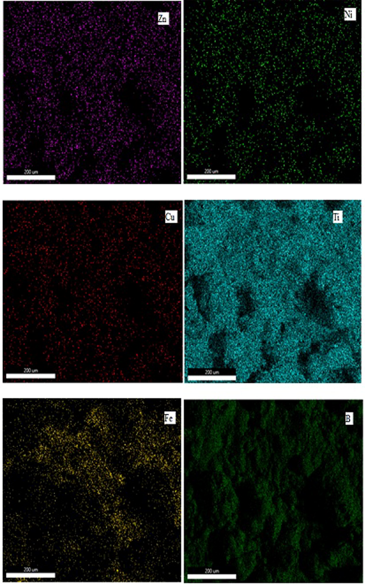Shows the X-ray elemental distribution of constituent elements of Zn-Ni-Cu-TiB2 on mild steel.