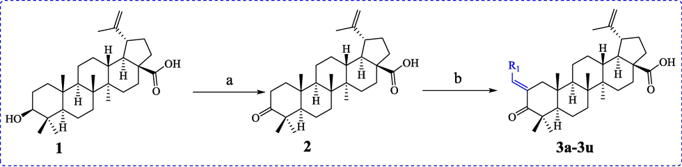Synthesis of BA derivatives 3a ∼ 3u. Reagents and condition: (a) IBX, DMSO, 0 °C; (b) NaOH, EtOH, rt.