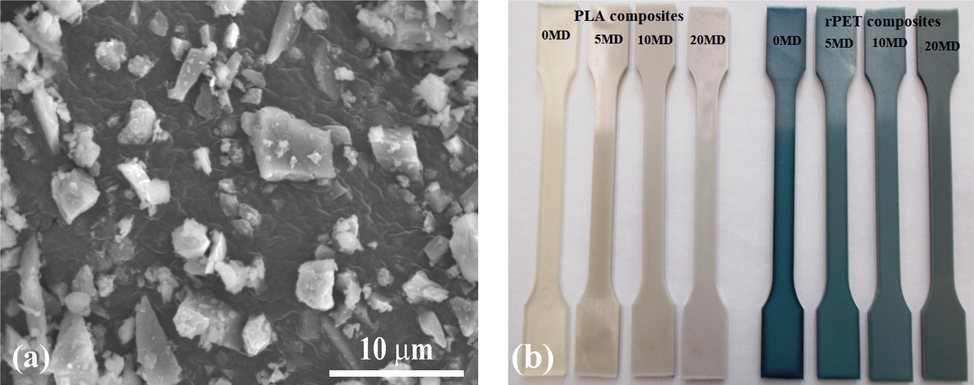 (a) Scanning electron microscopic image of marble dust and (b) the fabricated composite specimens.