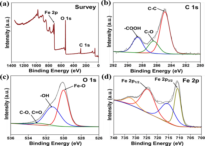 X-ray photoelectron spectra of the NS-IONPs. (a) Survey, (b) C 1s, (c) O 1s, and (d) Fe 2p spectra.