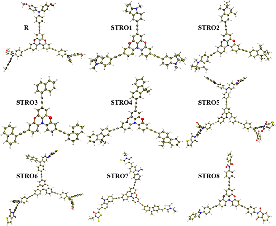 The optimized chemical structures of the designed STRO1-STRO8 and R molecules.