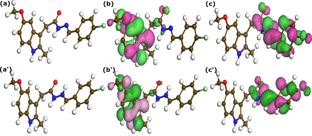 Optimized molecular structure (a)-(a’) and frontier molecular orbital iso-surfaces HOMO (b)-(b’) and LUMO (c)-(c’) of neutral (a)-(c) and protonated (a’)-(c’) HTH molecules obtained by DFT at GGA/PBE level.