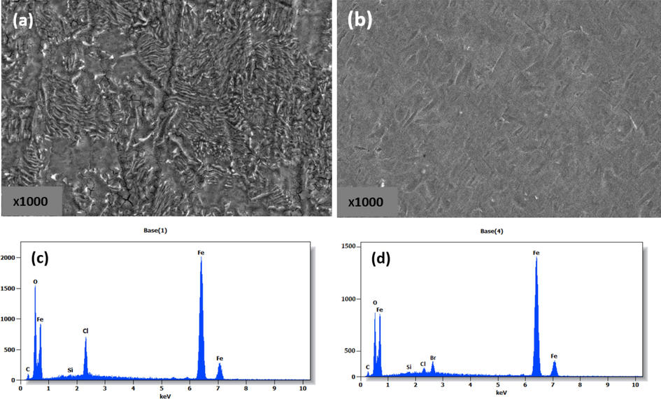 SEM images of carbon steel immersed for 24 h in blank and HCl solution inhibited with 10-3 mol/L of HTH at 303 K.