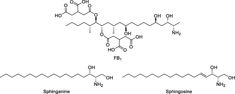 Chemical structures of sphinganine, sphingosine and FB1.