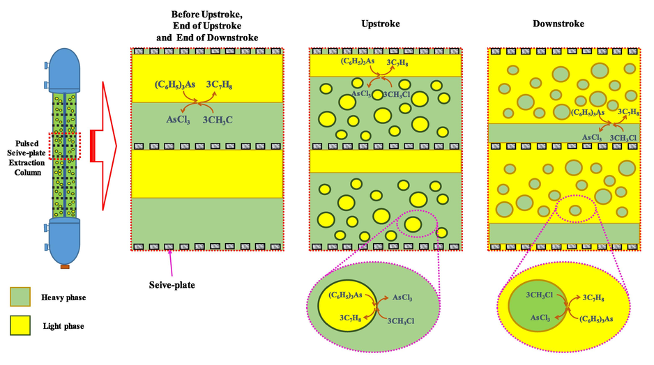 Schematic flow patterns of the heavy and light phase (Yadav et al., 2008) and mass transfer of Arsenic(III) in a pulsed sieve-plate column.