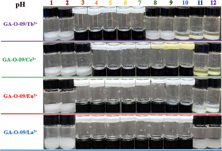 The stability of the GA-O-09/M3+ hydrogels at varied pH values.