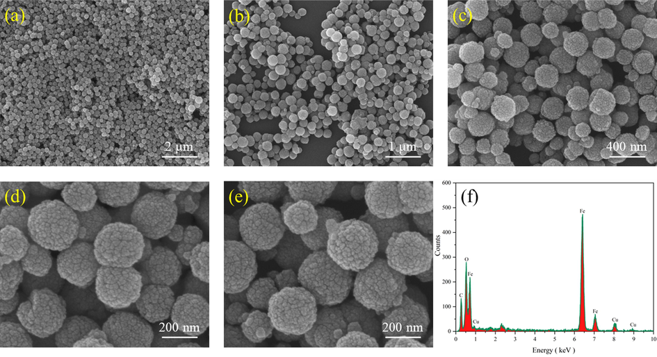 SEM images of FH4 (a, b, c, d, e), EDS analysis of FH4 (f).
