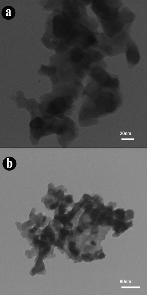 TEM images of synthesized Ho2Cu2O5/Ho2O3 nanocomposites prepared with a power of 45 W for 10 min and 0.5 s pulse rate.