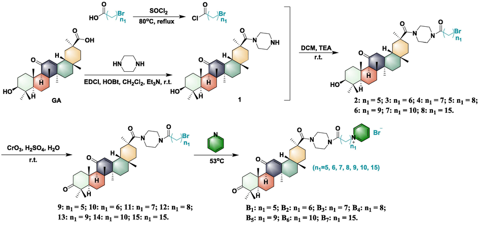 Synthesis of pyridine salt-decorated 18β-glycyrrhetinic acid derivatives B1-B7.