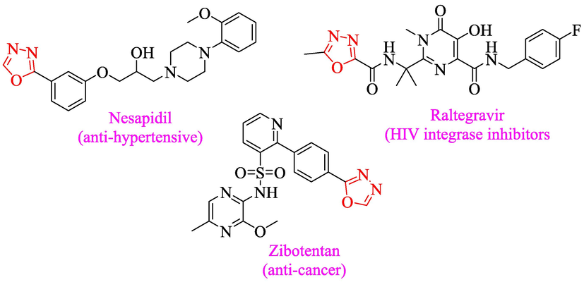 Biologically active drugs bearing 1,3,4-oxadiazole skeleton.