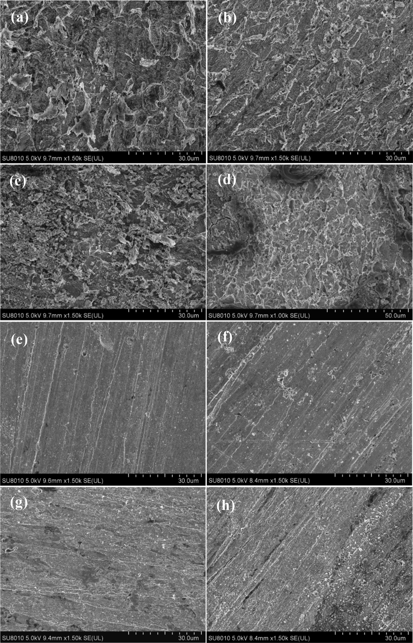 SEM images of the samples after 24 h immersion in CO2 saturated solutions without and with 1000 mg L-1 2-PI: uninhibited Q235 steel at 293 K (a) and 323 K (c); uninhibited X65 steel at 293 K (b) and 323 K (d); inhibited Q235 steel at 293 K (e) and 323 K (g); inhibited X65 steel at 293 K (f) and 323 K (h).