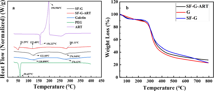 Thermal stability analysis of fabricated hydrogels. (a) DSC curve. (b) TGA curve.