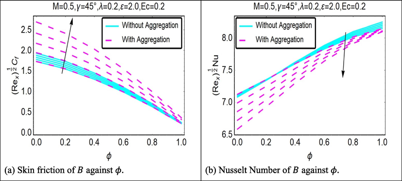 (a) and (b): Impact of B and ϕ on skin friction and Nusselt number.