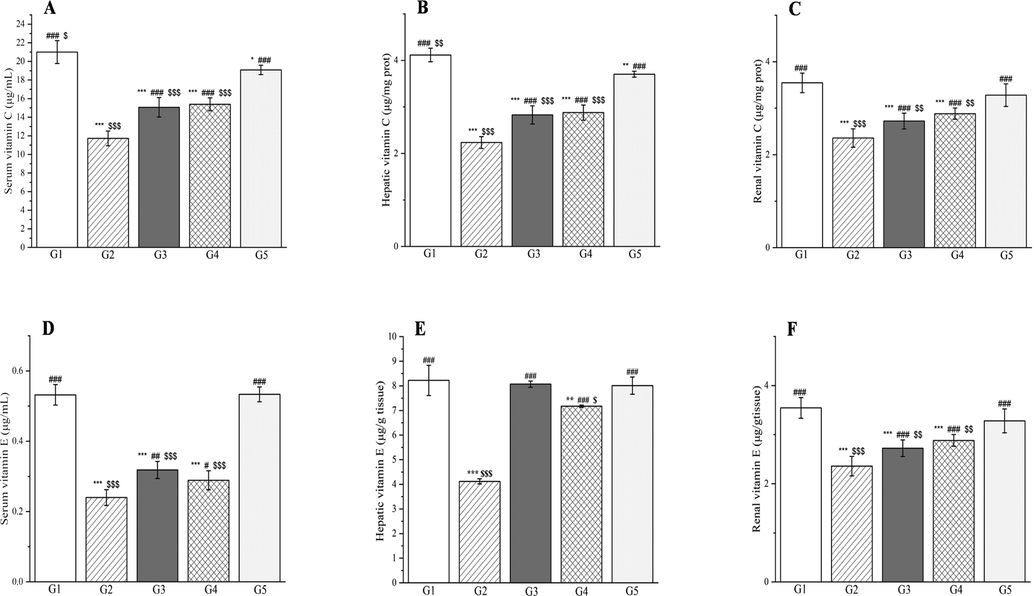 The outcomes of treatment with a Plagiorhegma dubia methanol extract on serum, hepatic, and renal vitamin C and vitamin E levels in rats with induced diabetes. G1: Control group, G2: DM group, G3: DM + PD150 group, G4: DM + PD300 group, G5: DM + GLB group. PD: Plagiorhegma dubia; DM: Diabetes mellitus; GLB: Glibenclamide. Significantly different from the control group at * p < 0.05, ** p < 0.01 and *** p < 0.001. Significantly different from the DM group at # p < 0.05, ## p < 0.01 and ### p < 0.001. Significantly different from the DM + GLB group at $ p < 0.05, $$ p < 0.01 and $$$ p < 0.001. Values are expressed as the mean ± standard error of the mean (n = 8).