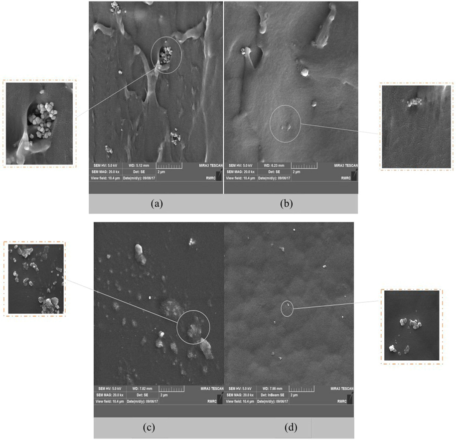 SEM images of PU MMMs I) 0.5 wt% of nanoparticles. Cross-section of a) E-M3 and b) E-M6, the surface image of c) E-M3 and d) E-M6.