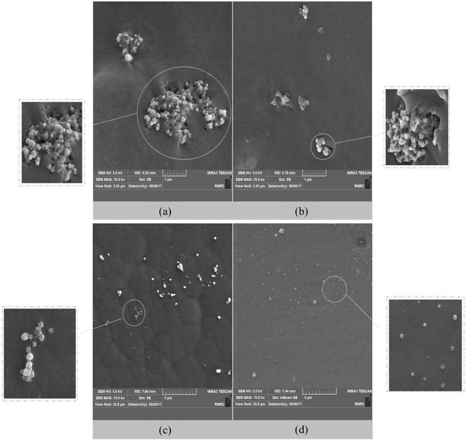 SEM images of PU MMMs II) 1.0 wt% of nanoparticles. Cross-section of a) E-M4 and b) E-M7, the surface image of c) E-M4 and d) E-M7.