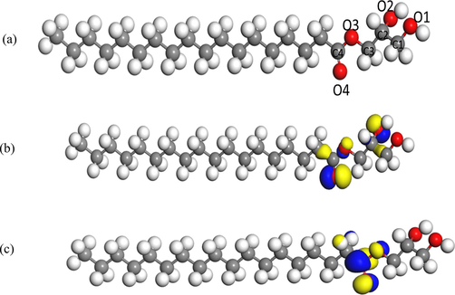 (a) The optimized geometry and the atom numbering of the studied glycerol stearate, (b) Relaxed geometries and HOMO (isosurface generation iso value = 0.05) of glycerol stearate, (c) Relaxed geometries and LUMO (isosurface generation iso value = 0.05) isosurfaces of glycerol stearate.