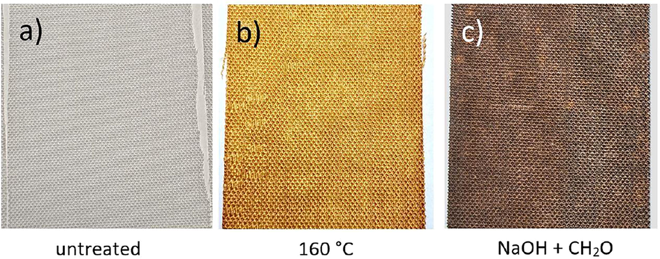 Visual appearance of silver citrate containing Lyocell fabrics at different stages of manufacturing, a) untreated, b) after thermal decomposition at 160 °C in an air ventilation oven and c) after immersion into alkaline formaldehyde with some time elapsed due to drying at ambient conditions.