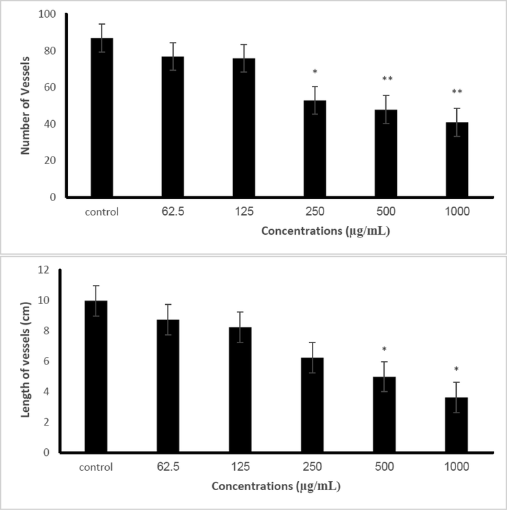 The alteration of number and length vessels in the chicken chorioallantoic membrane under exposure with 0, 62.5, 125, 250, 500 and 1000 µg/mL Se-Au-CS compared with the control sample. The results are expressed as mean ± SD.