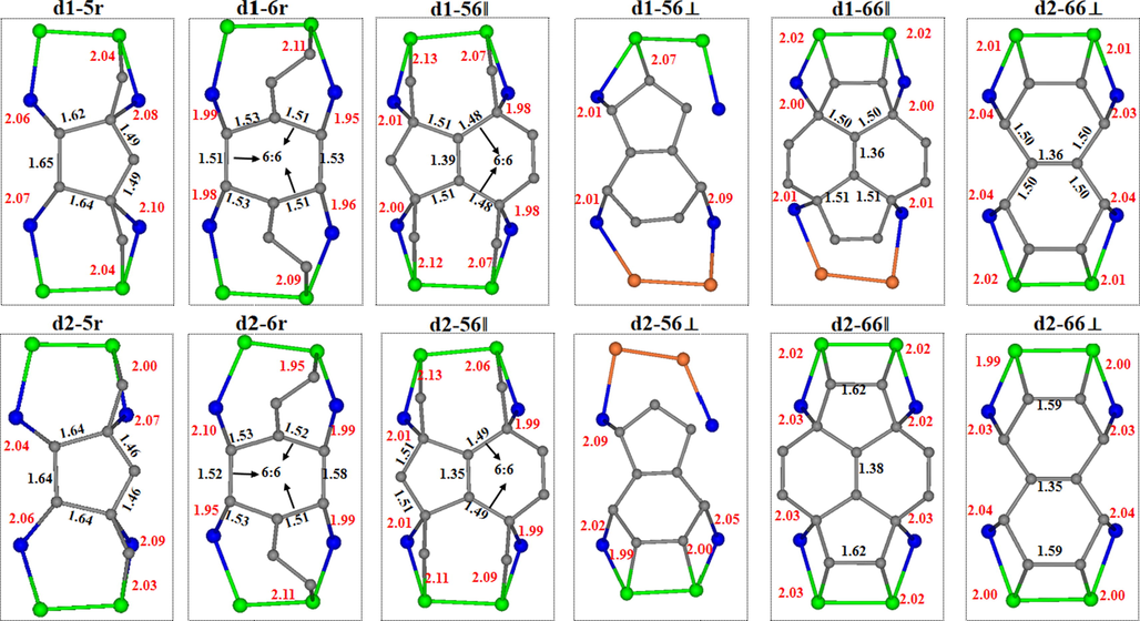 Top view of bonding atomic arrangement for C60 adsorbed to two dimer-defective Si surfaces.
