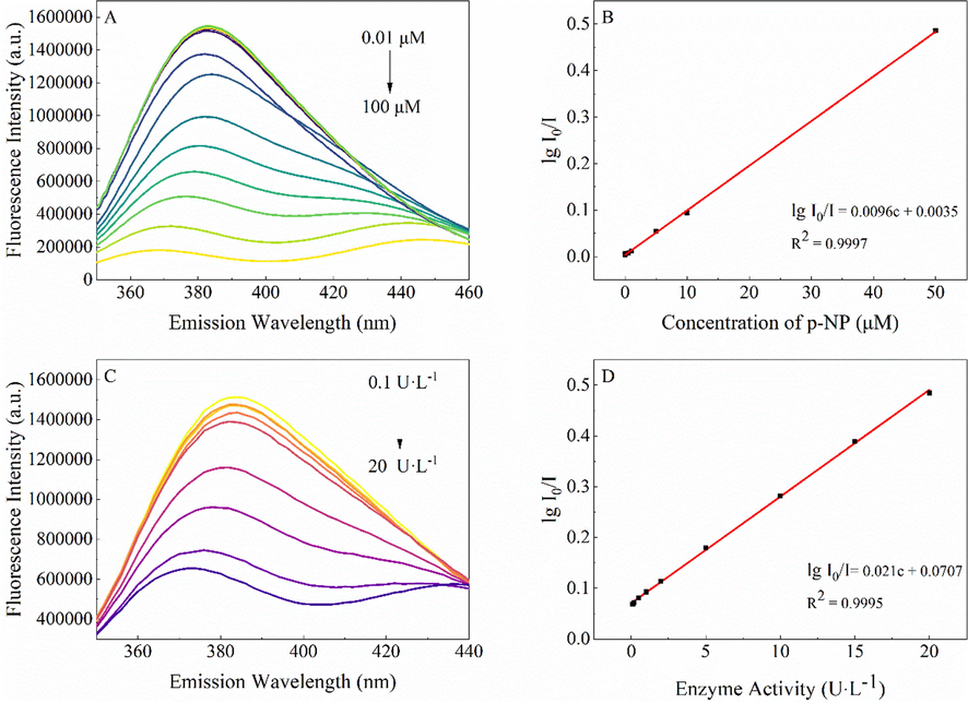 Fluorescence responses of G-CDs in the presence of different concentrations of p-NP (A) and β-Glu with different activities (C). Linear relationships between lg(I0/I) and concentration of p-NP (B) and β-Glu activity (D).