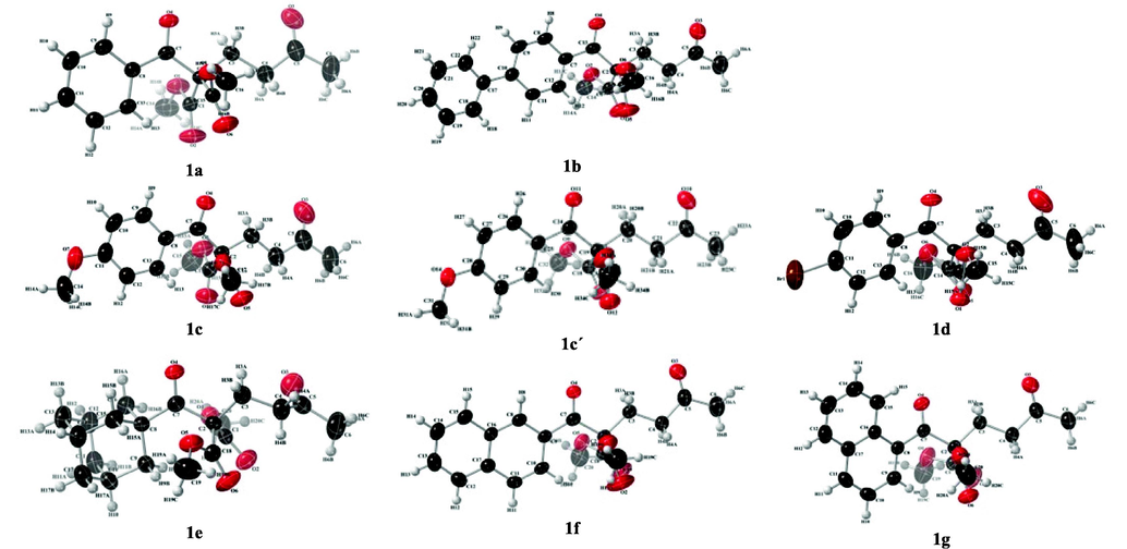 View of compounds 1a-g, the displacement ellipsoids are drawn at the 50 % probability level.