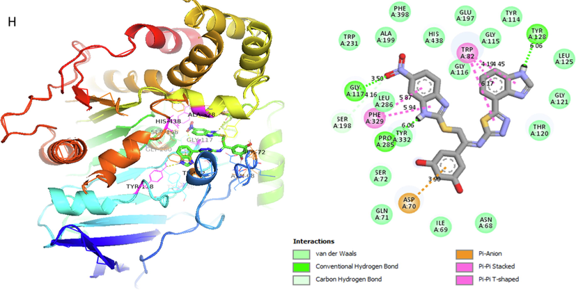 Represent 2D and 3D structure for analog 14-H in α-glucosidase complex.