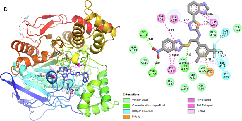 Represent 2D and 3D structure for analog 4-D in α-glucosidase complex.