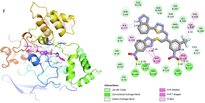 Represent 2D and 3D structure for analog 9-F in α-glucosidase complex.