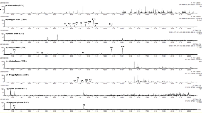 Extracted ion chromatograms (EICs) of prototypes in blank and drugged biosamples. (a) blank urine in positive mode; (b) drugged urine in positive mode; (c) blank urine in negative mode; (d) drugged urine in negative mode; (e) blank plasma in positive mode; (f) drugged plasma in positive mode; (g) blank plasma in negative mode; (h) drugged plasma in negative mode.