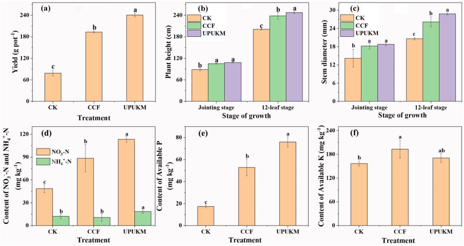 Yield (a), plant height (b), stem diameter (c), available N (d), P (e), and K (f) at the jointing stage of maize in CK, CCF, and UPUKM. Soil of maize in CK, CCF, and UPUKM. Different letters above the bars indicate significant differences between the means by Duncan’s multiple range test (p < 0.05, n = 3). CK: without fertilizer; CCF: conventional chemical fertilizer with N-P2O5-K2O of 21–14-20. See Table 1 for details of UPUKM (N-P2O5-K2O of 14–11-16).