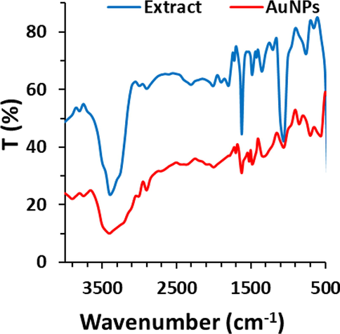 FTIR study of biosynthesized AuNPs using leaf extract of Citrus medica. The extract was used as the control.