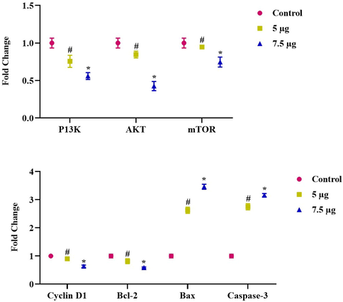 Gene expression changes induced apoptotic cell death in NOZ cell line. Expression of anti-apoptotic genes such as PI3K, AKT, mTOR, and CyclinD1 and upregulating pro-apoptotic gene Bcl2 and caspase-3 in mRNA level after 24-h treatment of 5 & 7.5 µg concentration of ZAP-Bru nanocomposites. The data were presented as folds change compared to the untreated “Control” cells and mean ± SEM. n = 6, *p < 0.005 compared to the “Control” group, #p < 0.05 compared to “control” group.