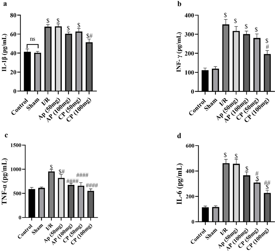 The effects of apple pectin (AP) and citrus pectin (CP) supplementation for 10 days on expression levels of IL-1β (a), INF- γ (b), TNF-α (c) and IL-6 (d) cytokines in mice hippocampi. $ indicates significant differences with control and sham groups and #,## and ####represents significant differences with cerebral I/R groups at probability levels of P < 0.05, P < 0.01 and P < 0.001, respectively (n = 5).