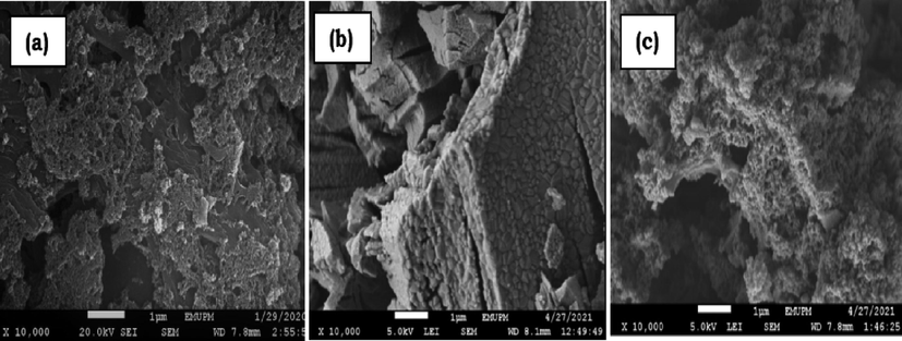 SEM micrographs (a) PKS-T700 (b) Y2O3 (c) Y2O3/PKS-T700.