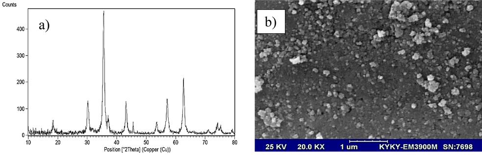 (a) XRD pattern and (b) SEM image of CoFe2O4 nanoparticles.