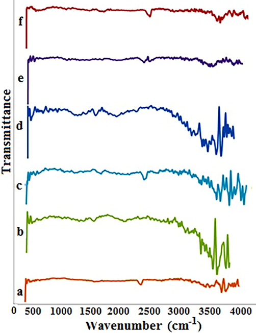 FT-IR spectra of MWCNTs before spiking (a), MWCNTs-EEG (b) and MWCNTs after spiking by DEHP (c), DBP (d), DCHP (e) and DMP (f).