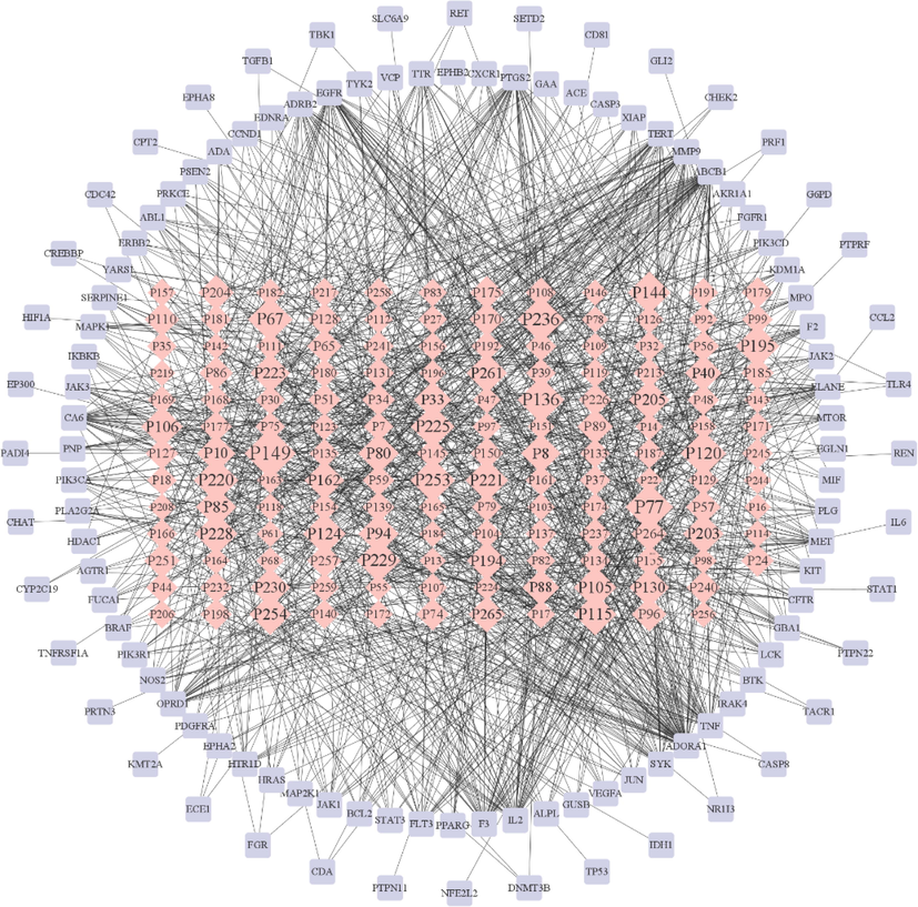 Compound-target network. pink rhombus nodes represent compounds, and purple rectangular nodes represent targets.