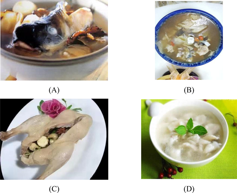 The pictures of the stewed fish head (A), sheep soup (B), Bai Zhi Han Zheng Ya (白芷旱蒸鸭) (C), and Bai Zhi Duo Bao Yu (白芷多宝鱼) decoction (D).