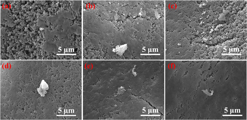 SEM images of (a) Cu(OH)x-D751, (b) Cu(OH)x/Ni(OH)x-D751, (c) Cu(OH)x/Zn(OH)x-D751, (d) Cu(OH)x-D751 after desorption, (e) Cu(OH)x/Ni(OH)x-D751 after desorption, (f) Cu(OH)x/Zn(OH)x-D751 after desorption.