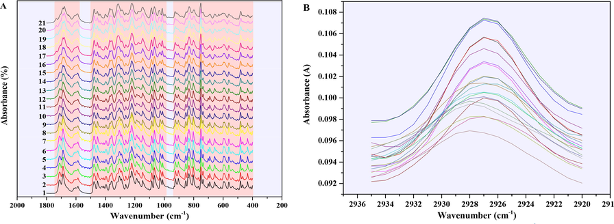 (A) ATR-FTIR overlay spectra of 21 INDO solid mixture samples at 1800–400 cm-1and (B) ATR-FTIR spectra of 21 INDO mixture samples at 2935–2920 cm−1. The Arabic numerals in (A) represented the mixture samples number.