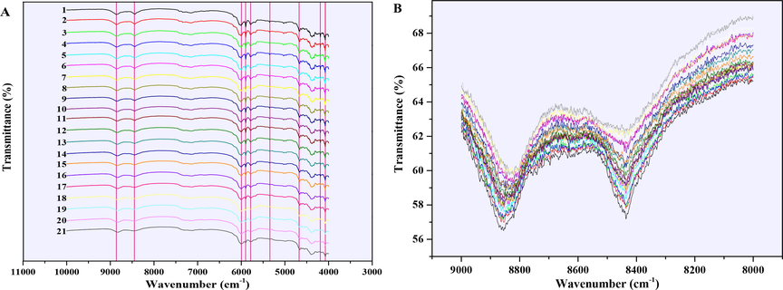 (A) NIR overlay spectra of 21 INDO solid mixture samples and (B) NIR spectra of 21 INDO mixture samples at 9000–8000 cm−1. The Arabic numerals in (A) represented the mixture samples number.