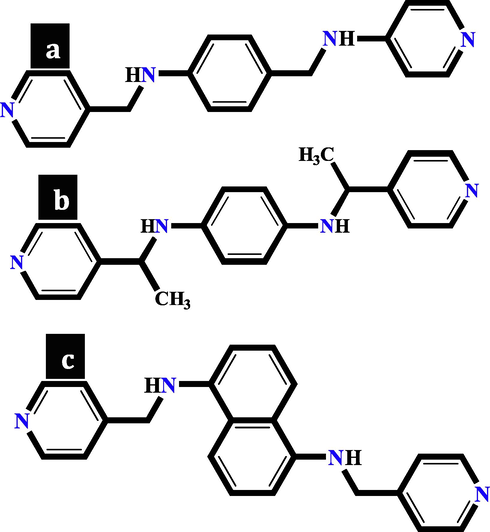 Views of the (a) RL1 ligand in TMU-6(RL1), (b) RL3 ligand in TMU-59 and (c) RL2 ligand in TMU-21(RL2).