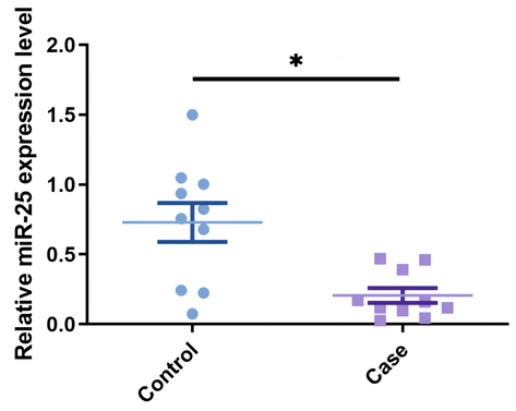 Relative miR-25 mRNA expression level in osteoporosis patients and healthy samples, as analyzed by qRT-PCR, * P < 0.05.