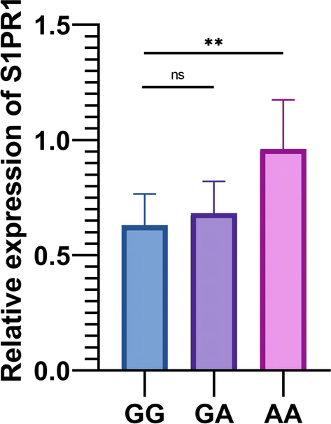 S1PR1 expression in different genotypes of rs41274221 polymorphism, ** P < 0.01.